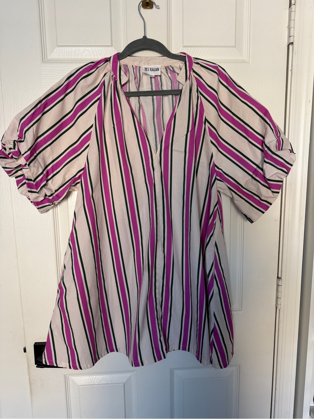 Bel Kazan Magenta & Dark Green Striped V-Neck Mini Shift Dress  Size XS/S